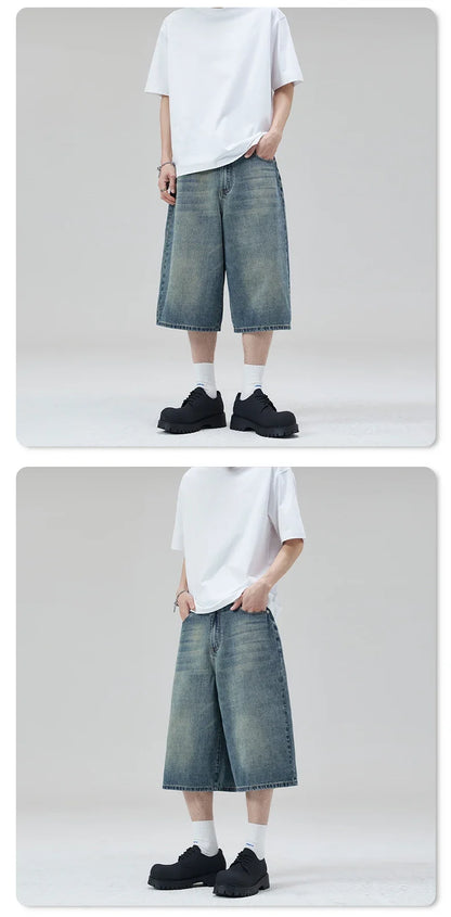 Summer New Fashion Denim Shorts Loose Straight Casual Vintage American Personality Jeans Streetwear Male Short Pants