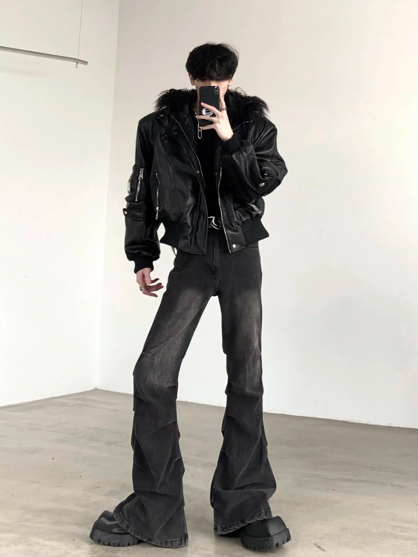 Spring Autumn Cool Short Oversized Black Warm Pu Leather Jacket Men with Faux Fur Trim Hood Luxury Designer Clothes