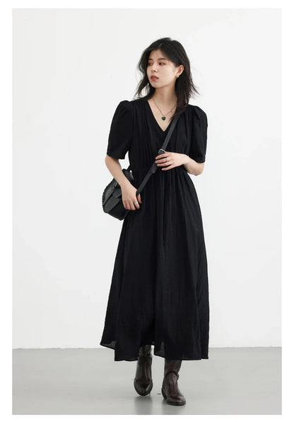 Women Dresses French Style Vintage V-neck Puff Sleeve Long Dress Solid Black Loose Female Clothing Summer New 2023