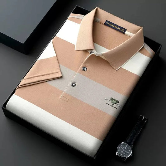 Luxury brand emboss short sleeve polo shirt fashion T-shirt stripe color blocked summer pure cotton comfort casual men's wear
