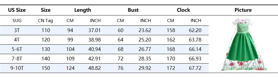 Elsa Green Dress for Kids Girl Princess  Costume Dresses  Children Long Cloak Floral Lace Ball Gown Summer