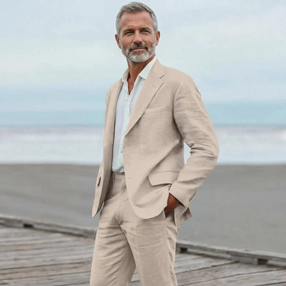 Men's linen casual men's beach party business suit two-piece wedding tailcoat set with split collar suit jacket and pants