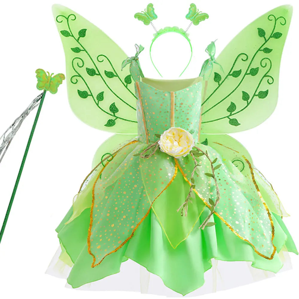 2026 Disney Elf Movie Tinker Bell Girls Play Fairy Dress Green Suspender Skirt With Wings and Flower Christmas Gift for Girls