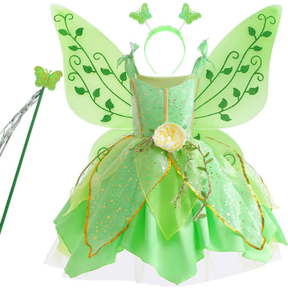 2026 Disney Elf Movie Tinker Bell Girls Play Fairy Dress Green Suspender Skirt With Wings and Flower Christmas Gift for Girls