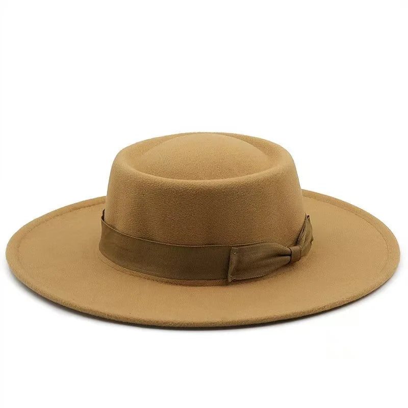 9.5cm Brim Round Top Hat Solid Color Fedoras Bow Flat Top Boater Style Panama Hats for Women Men Party Wedding Church Felt Caps