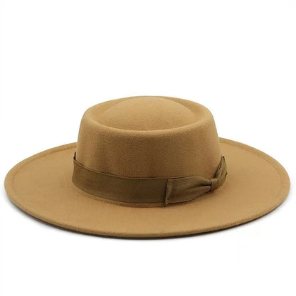 9.5cm Brim Round Top Hat Solid Color Fedoras Bow Flat Top Boater Style Panama Hats for Women Men Party Wedding Church Felt Caps