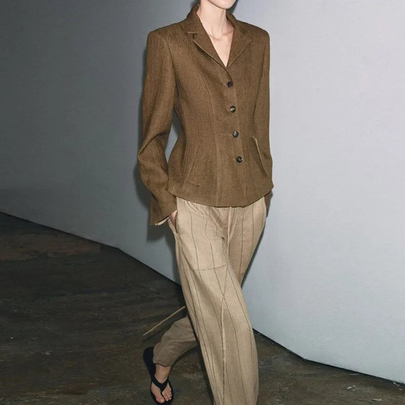 Brown Linen Blend Fitted Blazer Contrast Stand Collar Single Row Buttons Waist Cinched Tailored Cropped Vintage Commuter Coat