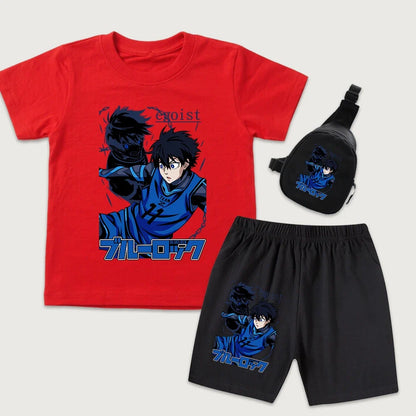 Blue Lock Yoichi Isagi Anime Print Kids Cotton T Shirt Shorts Mini Chest Bag 3Pcs Set Casual Summer Outfit for Boys Girls