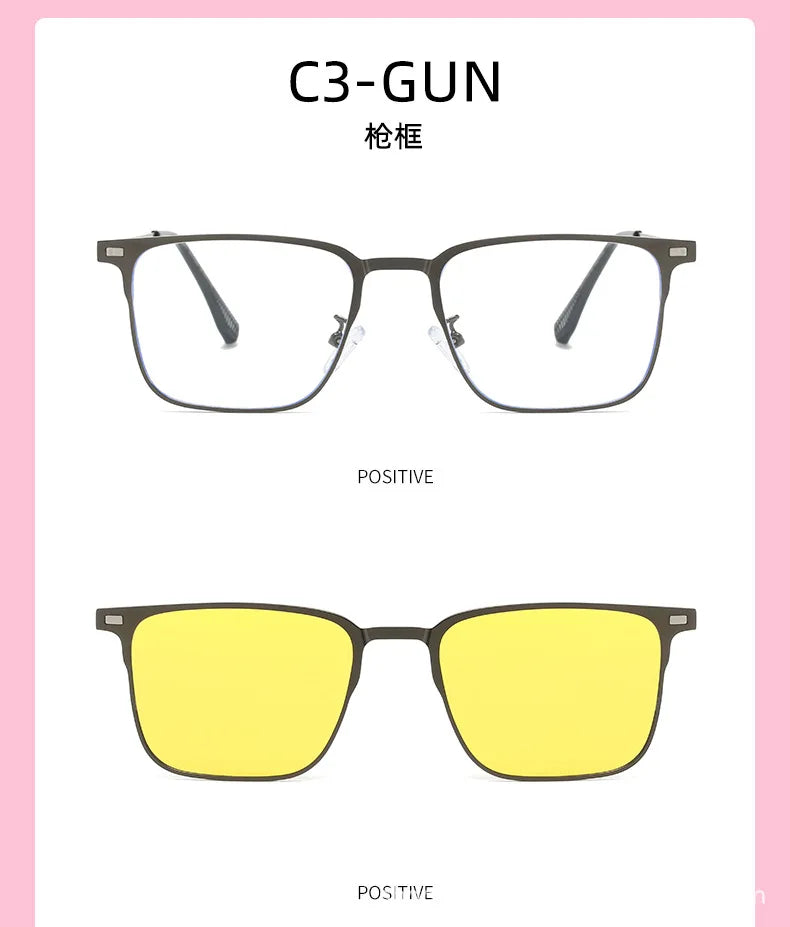 Fashion Square Metal Frame 3 in 1 Magnet Clip On Glasses Polarized Sunglasses Man Night Vision Clip Anti Blue Light Glasses