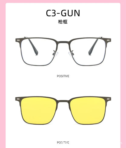 Fashion Square Metal Frame 3 in 1 Magnet Clip On Glasses Polarized Sunglasses Man Night Vision Clip Anti Blue Light Glasses