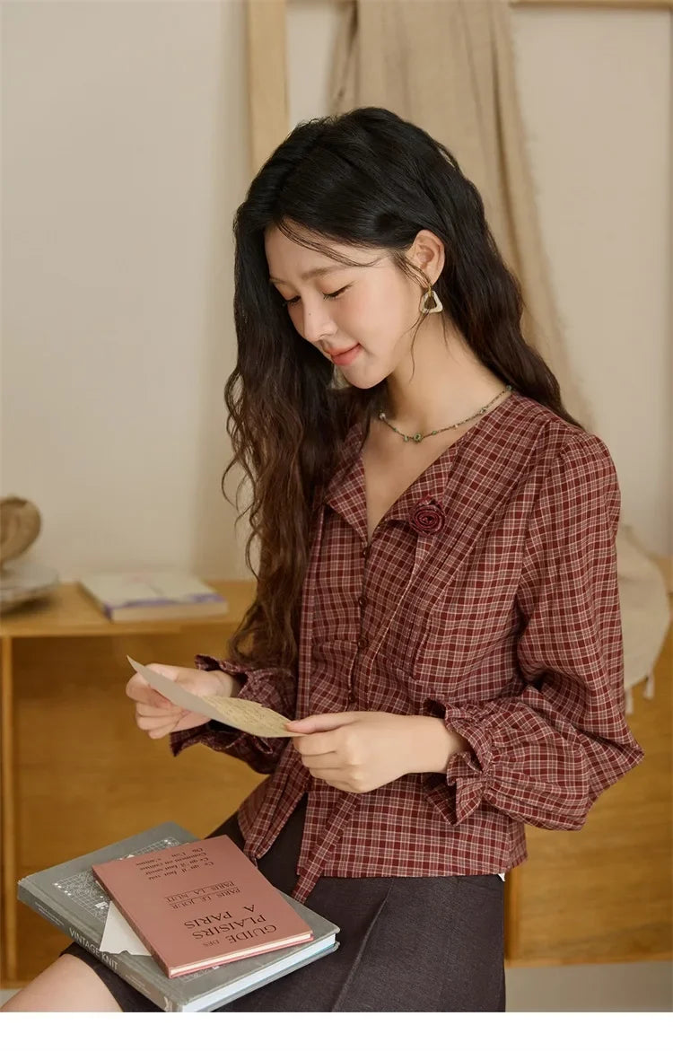 Women's Red Tied Plaid Shirt 2025 Autumn New Arrival Sweet 3D Floral Turn-Down Collar Long-Sleeve Blouse Women MXE45X2481