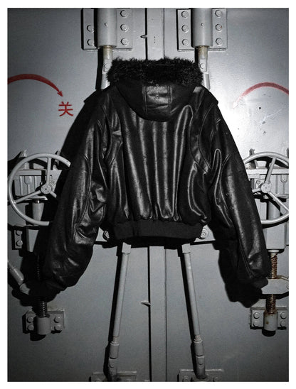 Spring Autumn Cool Short Oversized Thick Warm Pu Leather Jacket Men with Faux Fur Trim Hood Luxury Designer Clothes