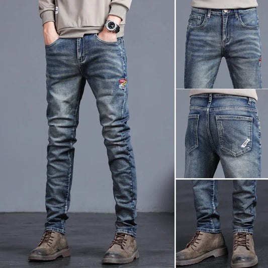 New Four Seasons Men's Jeans Vintage Blue Solid Color Elastic Classic Jeans Men Slim Fashion Casual Denim Trousers