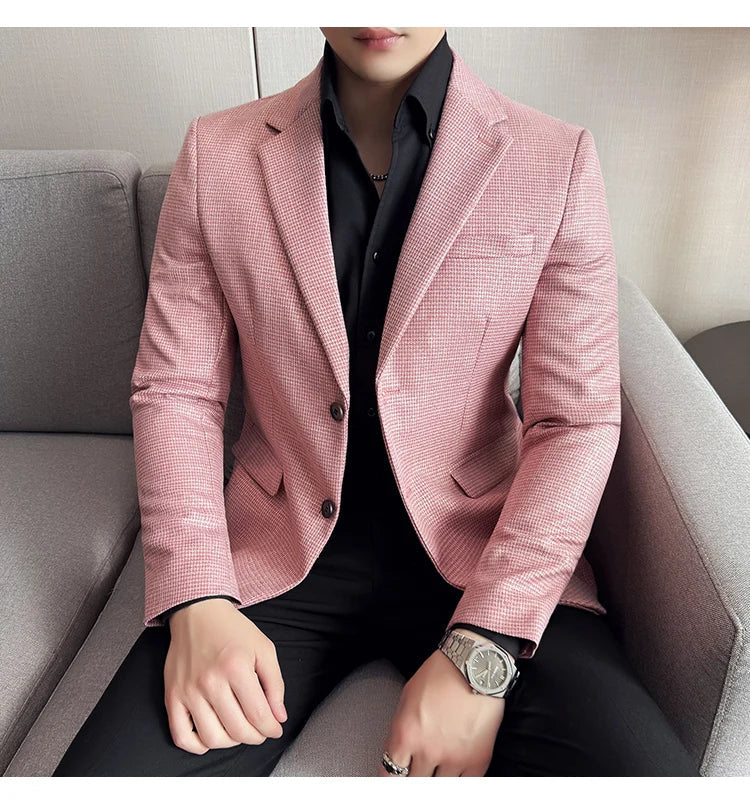 Bright Silk Thousand Bird Grid Suit Jacket Korean-style Business Fashion Slim Fit Single Breasted Men Social Party Dress Coats