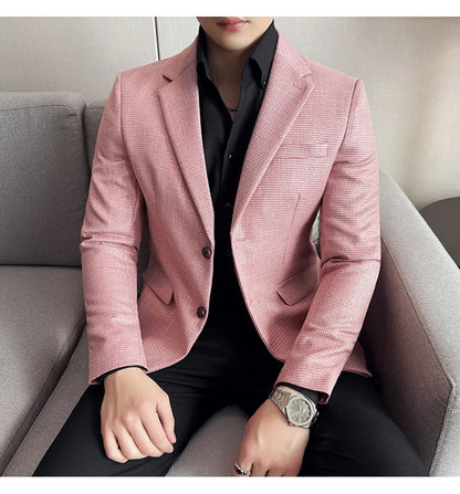 Bright Silk Thousand Bird Grid Suit Jacket Korean-style Business Fashion Slim Fit Single Breasted Men Social Party Dress Coats