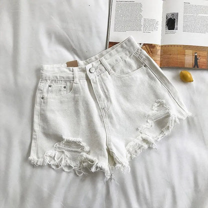 Korean Fashion Cowboy Shorts Women's Summer Casual High Waist Blue Denim Shorts Pocket Tassel Perforated Pants Y2K Female Jeans