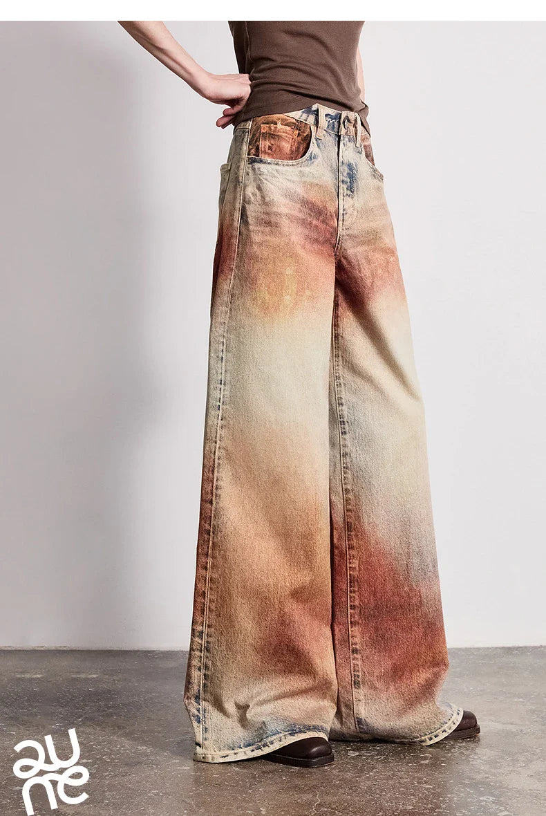 Women Jeans 2026 Spring New Wilderness Wasteland Style Mid Low Waist Loose Printed Wide Leg Pants