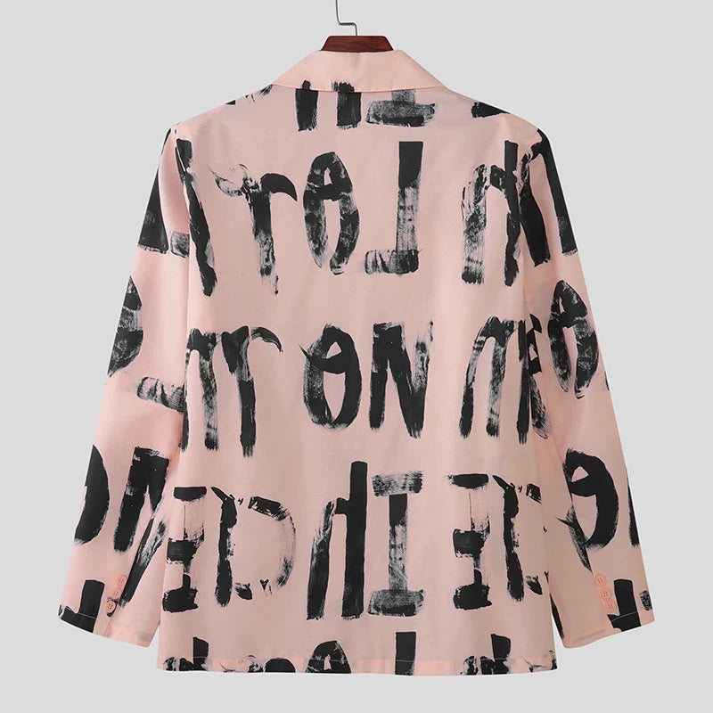 Men Blazer Printing Lapel Long Sleeve Button Korean Style Casual Male Suit Streetwear 2025 Elegant Fashion Thin Coats