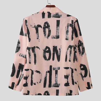 Men Blazer Printing Lapel Long Sleeve Button Korean Style Casual Male Suit Streetwear 2025 Elegant Fashion Thin Coats