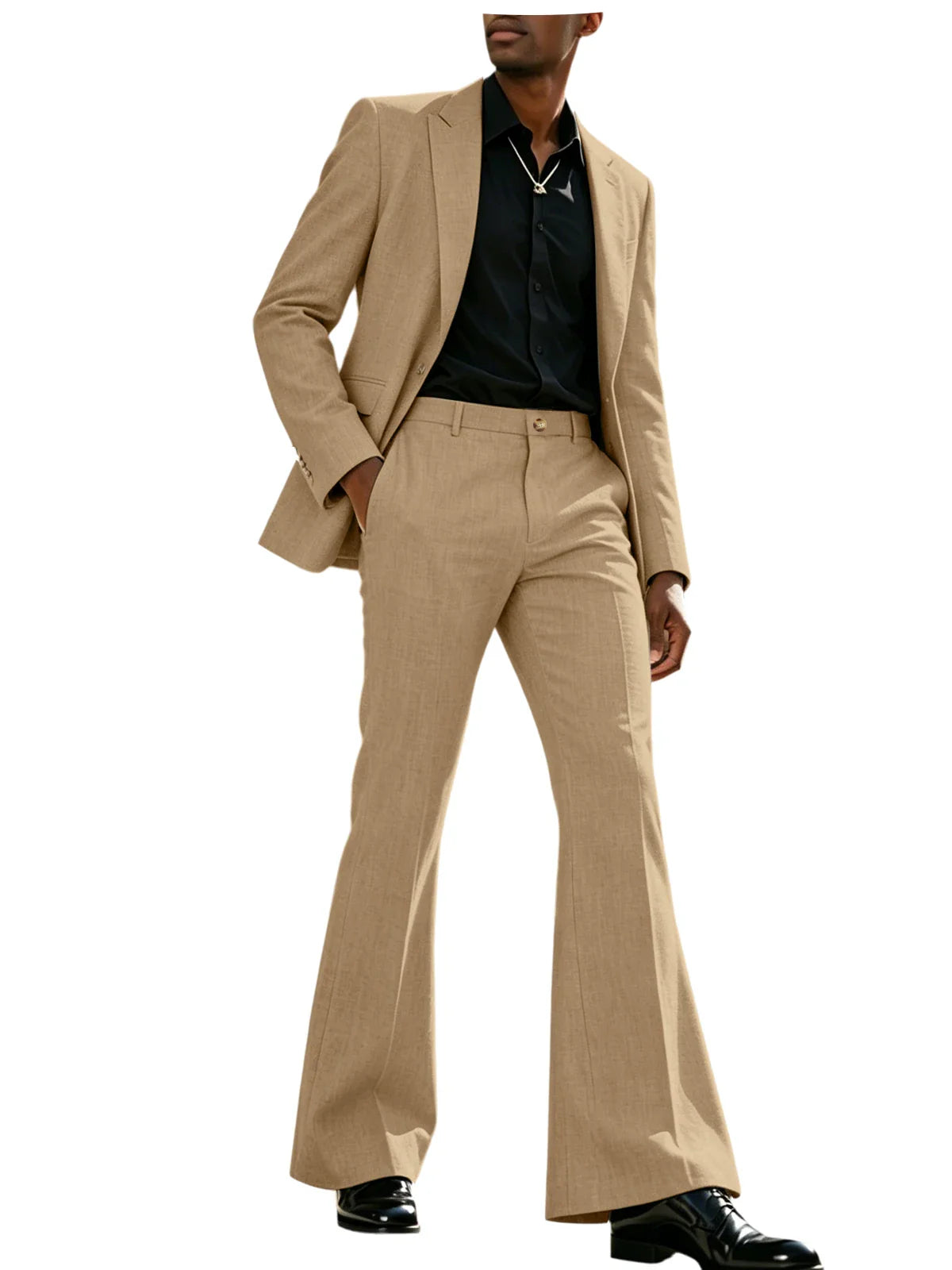 Vintage Men's Linen Suit 2 Piece Notch Lapel 2 Button Blazer Wide Leg Flare Pants Breathable Lightweight Set for Business Casual