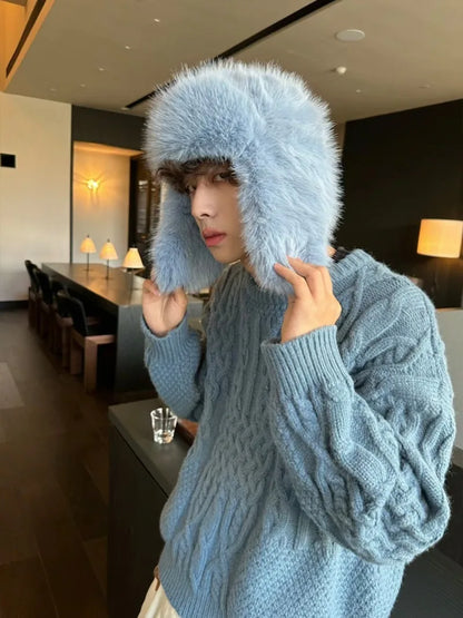 Fluffy Imitation Mink Fur Bomber Hats Men's Autumn and Winter Korean Version Plush Pilot Hat Female Ins Blogger Cycling Cold Hat