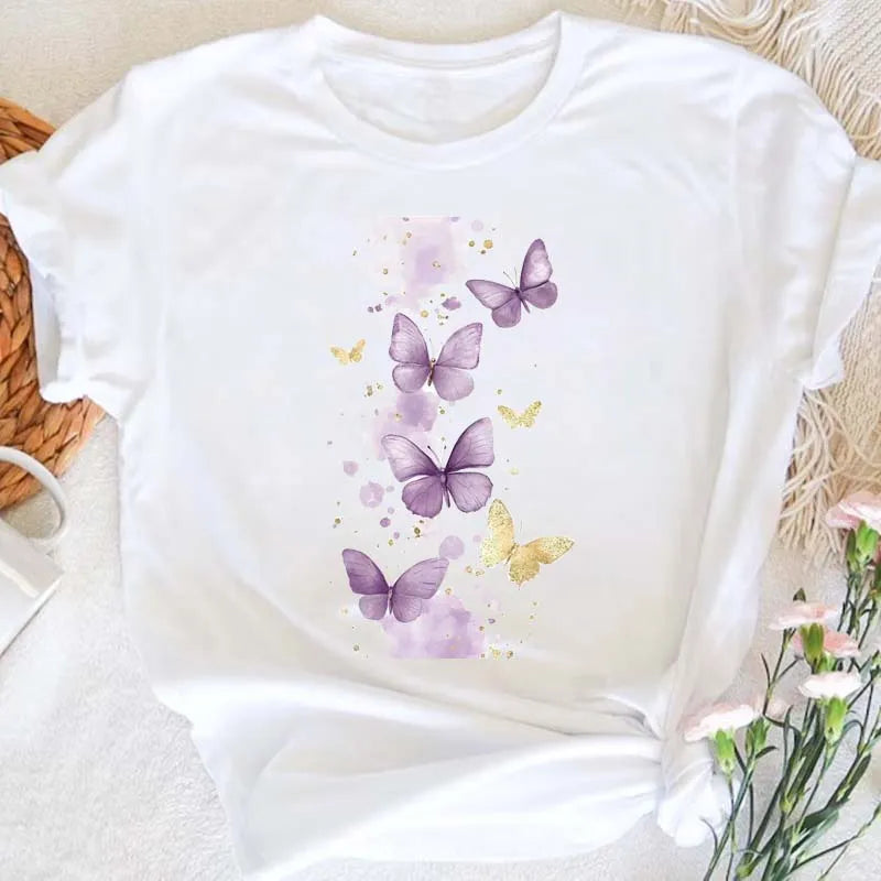 Purple Floral Butterfly Printed Women T Shirt New White T Shirt Harajuku Casual Cute Graphic Tee Shirt Female