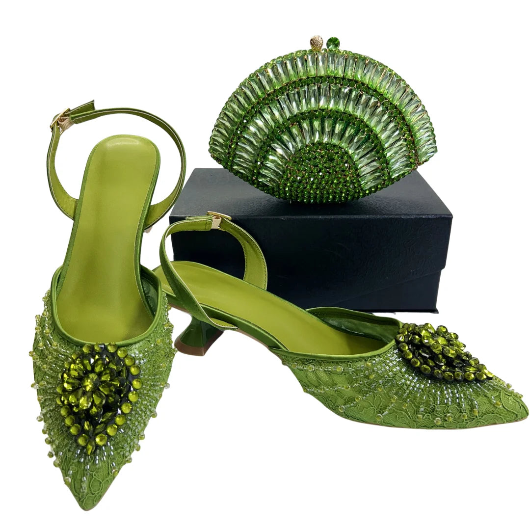 Italian Designer Evening Shoes With Clutch Bag Set for African Wedding and Bridal Occasions Lace Embroidered Beads Women's Shoes