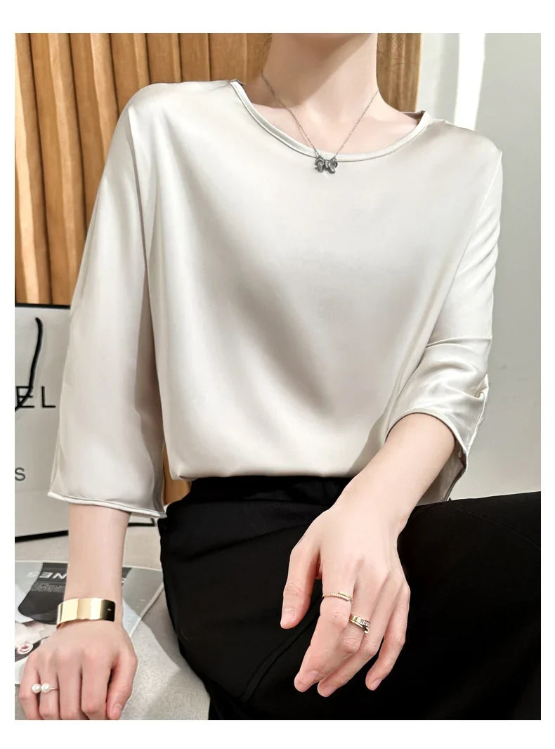 Summer New Short-Sleeved Acetic Acid Satin Round Neck Loose Joker T-Shirt Women's Mid-Sleeve Five-Point Sleeve Jacket Short