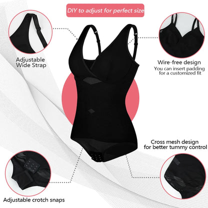 Women's High Stretch Bodysuit Shapewear Bodysuit Sexy Cross Mesh Underwear Tummy Control Slimming Full Body Shaper