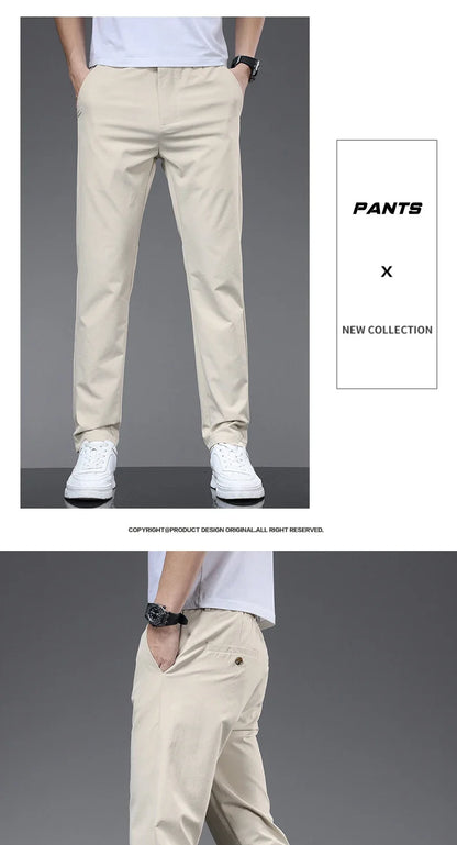 Spring Summer Thin Men's Slim Casual Pants Solid Color Elastic Waist Soft Breathable Business Straight Trousers Black Beige Gray