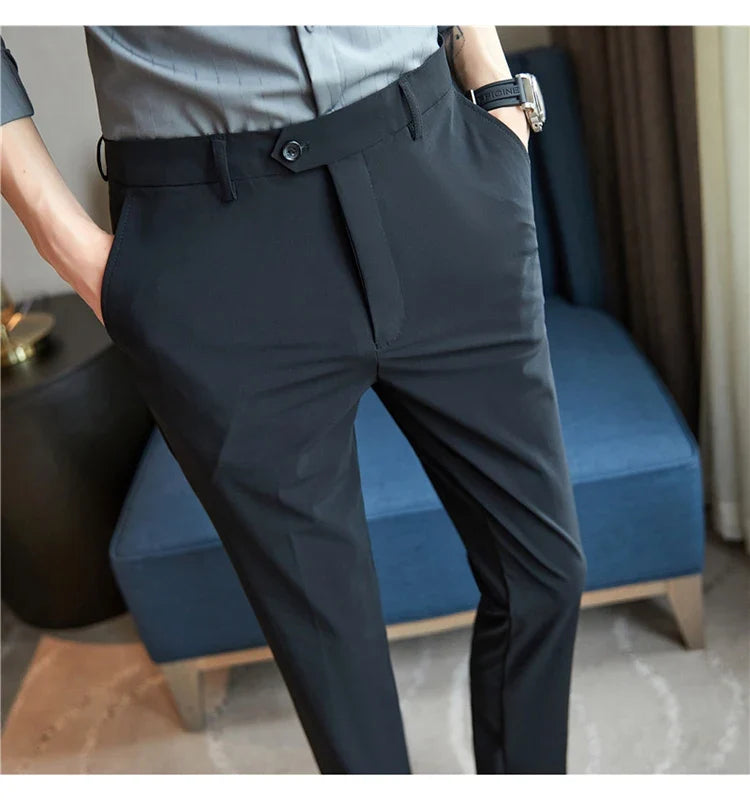 Mens Dress Pants Trousers 2025 Summer New Thin Breathable Solid Casual High Elastic Slim Fit Suit Pants Streetwear Men Clothing