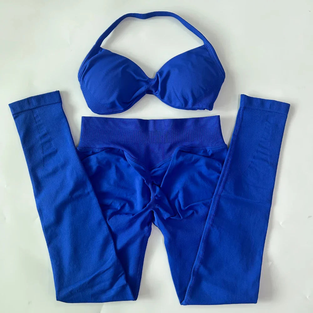 2 Pieces Set For Woman Strappy Yoga Bra Sports Top Workout Leggings Set Seamless Gym Set Fitness Clothes Outfit Activewear