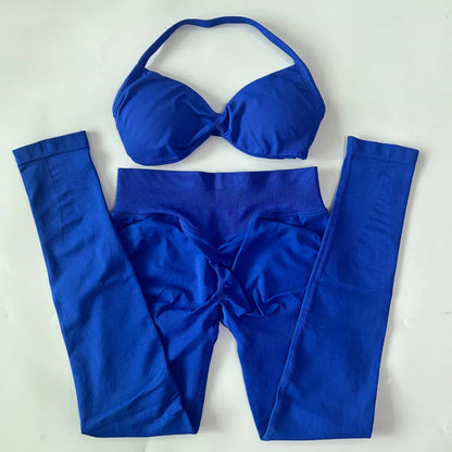 2 Pieces Set For Woman Strappy Yoga Bra Sports Top Workout Leggings Set Seamless Gym Set Fitness Clothes Outfit Activewear