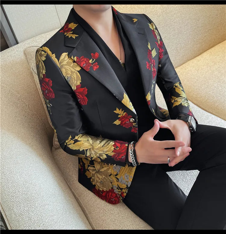 New Men Embroidered Jacquard Slim Fit Casual Suit Jacket Formal Prom Party Stage Costume Man Tuxedo Gentleman Blazers Suit Tops