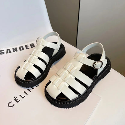 Children's Summer Sandals Girls Woven Baotou Princess Shoes Non-slip Hollow Roman Soft Sole Leather Shoes Buckle Roman Slippers