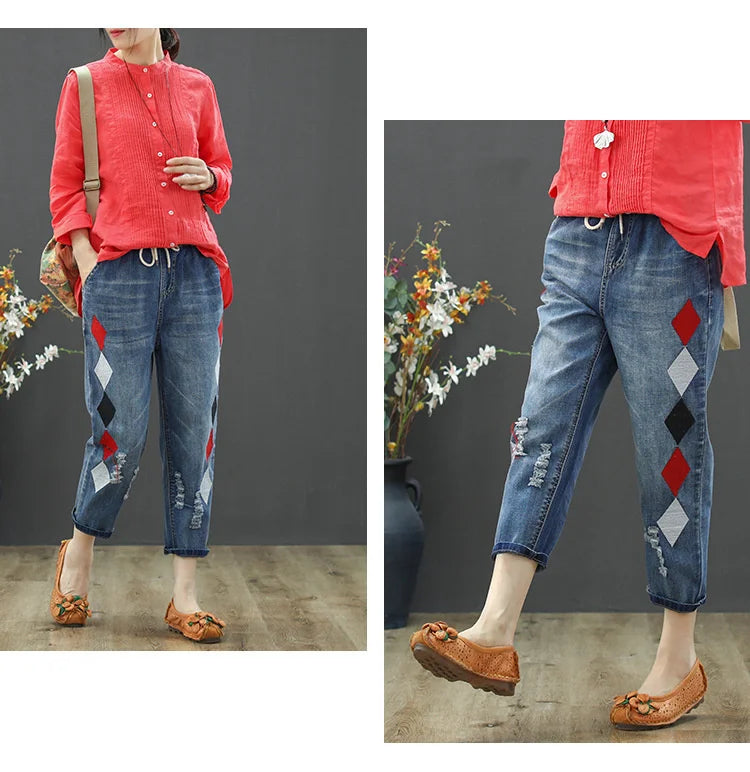 Summer Females Luxury Embroidery Jeans Womens Fashion Vintage Ripped Denim Trousers Loose Holes Elastic Harem Pants
