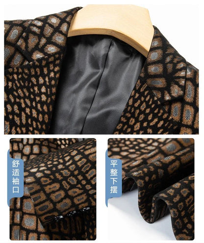 Luxurious Sheepskin Blazers For Men Smooth Casual Leather Jacket Winter Top Quality Leopard Print Slim Gentleman Terno Masculino