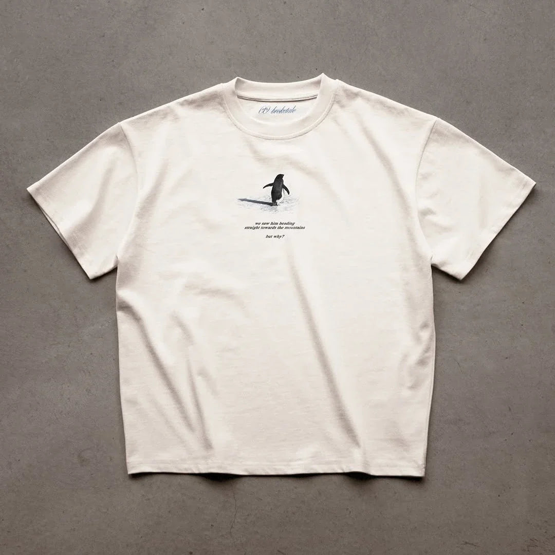 Y2K Men's T-shirt Fashion Broketale Snow Mountain Penguin Print Graphic Round Neck Shirt Oversized Unisex Casual Men's Clothing