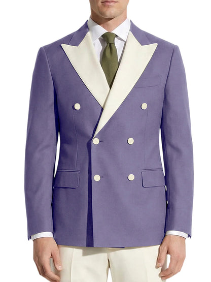 Classic Men's Tuxedo Jacket White Peak Lapel Patched Double Breasted Slim Fit Blazer for Business Formal Wedding Groom Prom Coat