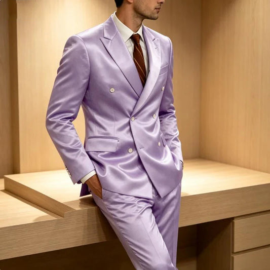 Luxury Men's Shiny Satin 2 Piece Suit Peak Lapel Double Breasted Jacket Pants Elegant Slim Fit Formal Tuxedo for Wedding Party