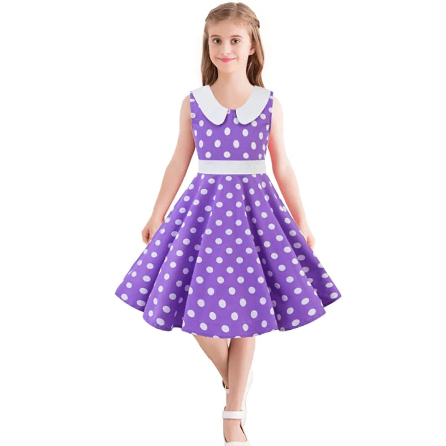 LPATTERN Girls' Vintage Rockabilly Dress Party Retro Polka Dot Floral Pattern A-line Dresses Pleated Skirt Knee-Length for 4-10Y