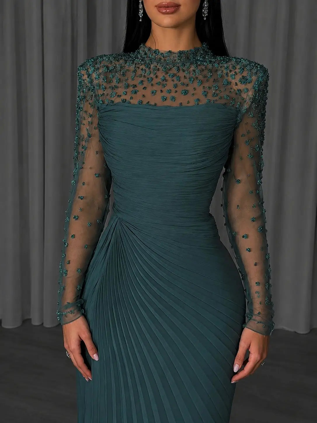 Women'S Formal Evening Gowns Customize Scoop Neck Beading Luxury Evening Dresses Long Sleeves Straight Floor-Length