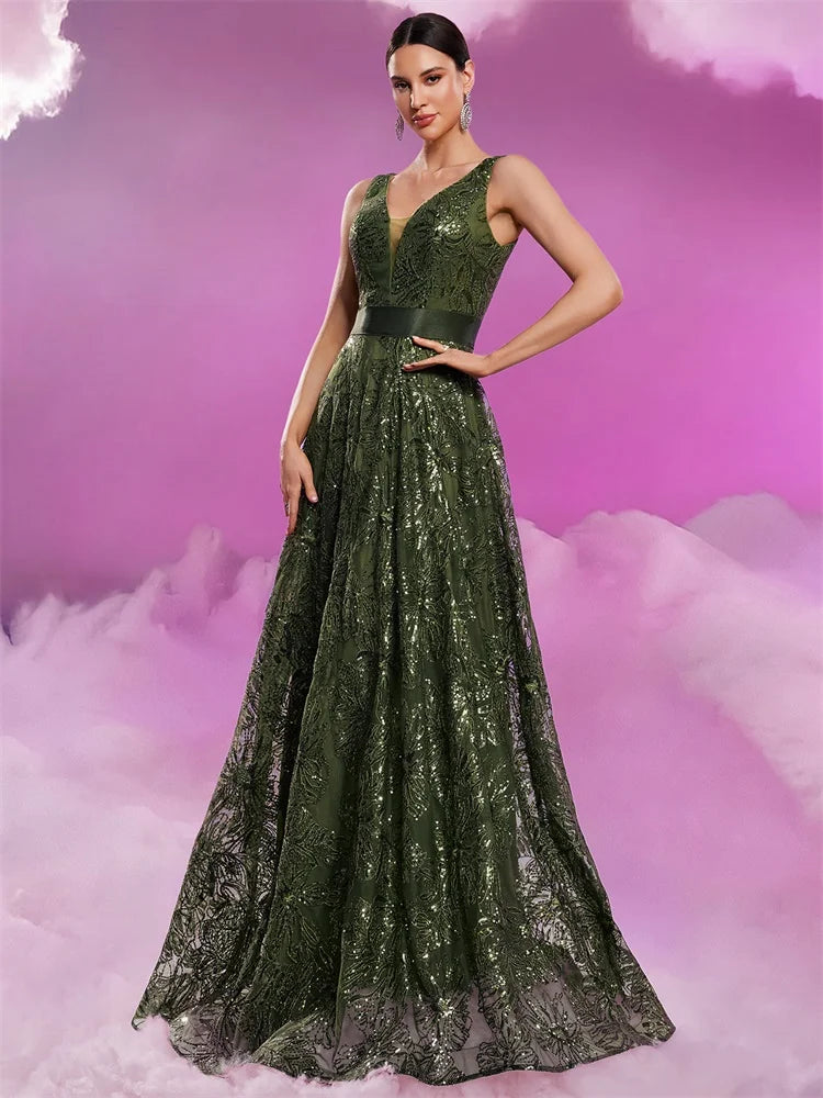 Luxury Sexy V-Neck Sequins Formal Evening Dress Long 2025 Women Elegant V-back Wedding Party Long Prom Cocktail Graduation Gown