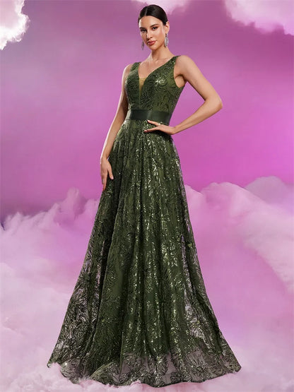 Luxury Sexy V-Neck Sequins Formal Evening Dress Long 2025 Women Elegant V-back Wedding Party Long Prom Cocktail Graduation Gown