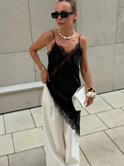 Satin Sexy Lace Spliced Short Sling Dress Women Sleeveless Backless Asymmetric Sexy Party Dresses 2026 Summer Lady Dress ﻿