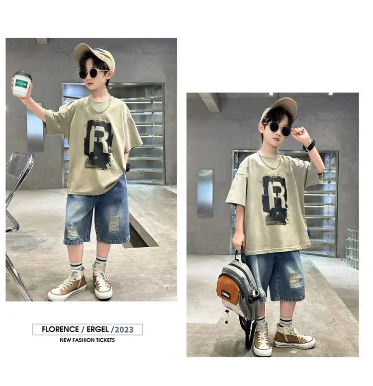 New Boys Fashion Summer 2pcs Cotton T-shirts+Denim Shorts Sporty Suits Teenage Kids Korean Style Outfits Sets Children Clothes