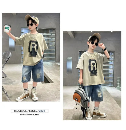New Boys Fashion Summer 2pcs Cotton T-shirts+Denim Shorts Sporty Suits Teenage Kids Korean Style Outfits Sets Children Clothes