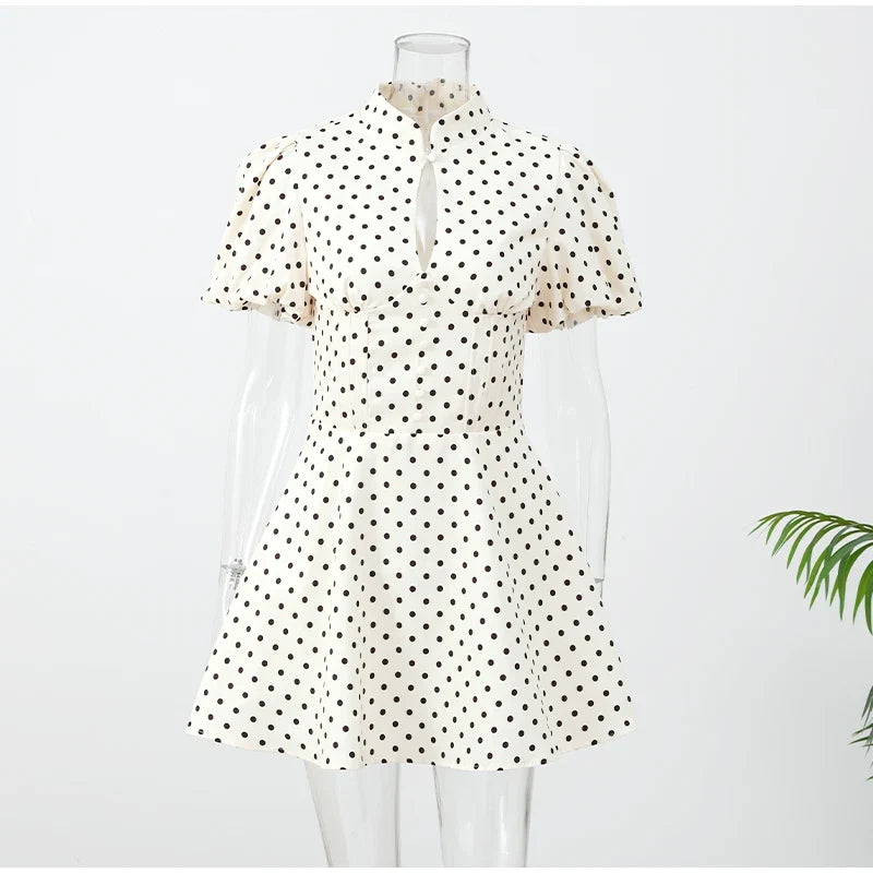 Retro Polka Dot Mini A-line Dress Elegant Stand Collar Puff Short Sleeve Waist-cinching Dresses 2026 New Lady Party Gowns