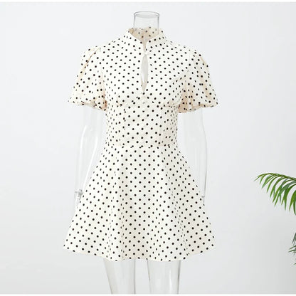 Retro Polka Dot Mini A-line Dress Elegant Stand Collar Puff Short Sleeve Waist-cinching Dresses 2026 New Lady Party Gowns