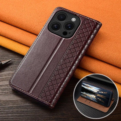 For APPLE iPhone 17 16 16E 15 14 Pro Max Air Plus Flip Case Grid Pattern Magnetic Cover Cowhide Genuine Leather Wallet Covers